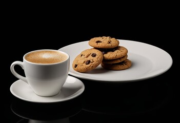 Close up coffee mug and biscuits on a black background on the table