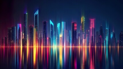 Futuristic city skyline at night, illuminated by neon lights and advanced technology