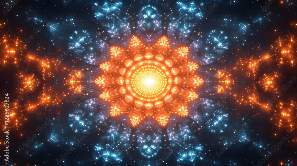 Poster colorful star cluster and cosmic fractal patterns with vibrant colors in deep space background