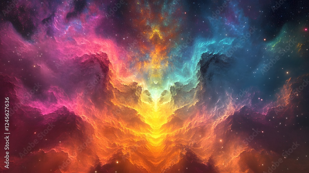 Poster colorful nebula and cosmic fractal patterns pulsating with vibrant colors in deep space background