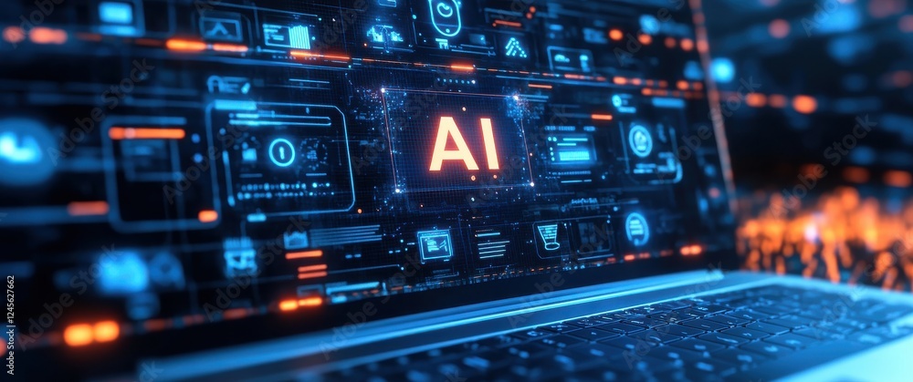 Poster futuristic laptop displaying artificial intelligence concept with digital interfaces and technologic