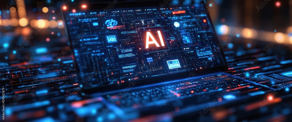 Poster futuristic laptop displaying artificial intelligence data with glowing binary codes and digital grap