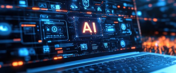 Futuristic Laptop Displaying Artificial Intelligence Concept with Digital Interfaces and Technological Elements in Blue and Orange Colors
