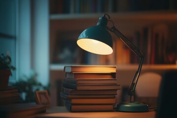 Books Under a Desk Lamp, Symbolizing Night Study, Knowledge, and Learning, Ideal for Educational Banners and Motivational Content