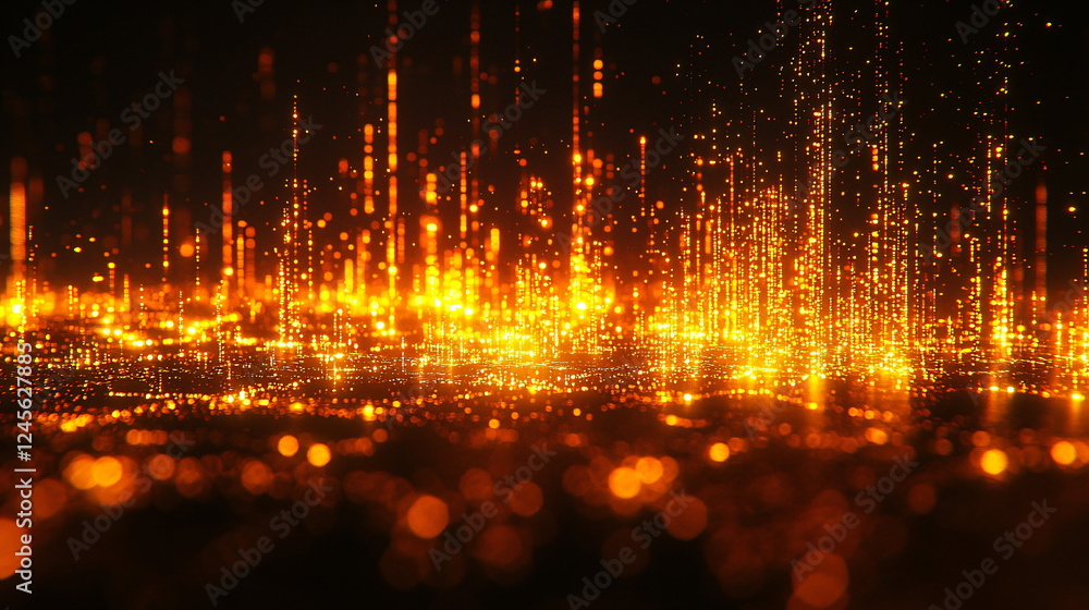 Poster glowing particles rising above a shimmering surface with a warm golden hue, creating a magical atmos