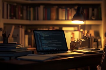 Learning and Knowledge: Late night coding session in a cozy study filled with books and warm light, Representing Education, Research, and Intellectual Growth, Perfect for Educational Content