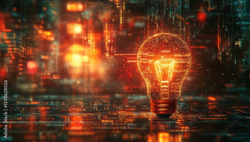 Poster futuristic light bulb with abstract digital background representing innovation, technology and creat