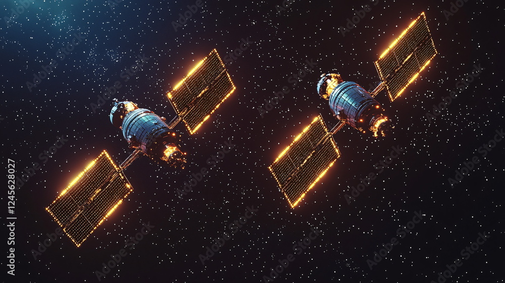 Poster space satellite orbiting in cosmic environment with glowing solar panels and intricate design, float