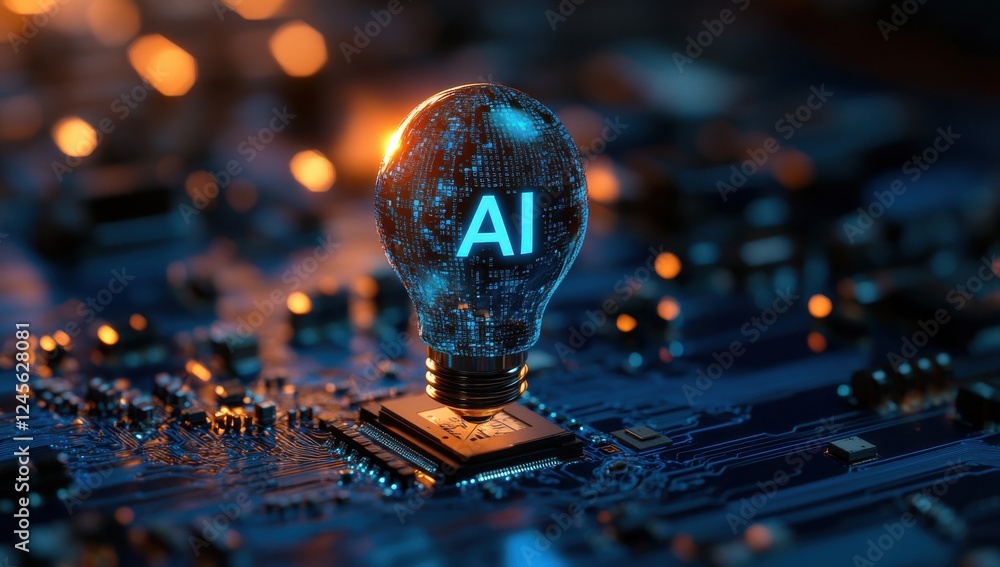 Poster futuristic light bulb with ai concept against a circuit board background symbolizing technology and 