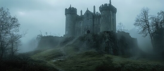 Mysterious old castle bunker set surrounded by dense mist and dark trees evokes intrigue and suspense in an atmospheric landscape.