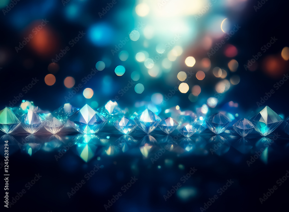 Poster sparkling gems scattered across a glossy surface catch the light of soft bokeh orbs. the scene exude