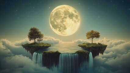 Majestic Floating Island with Waterfalls under a Full Moon