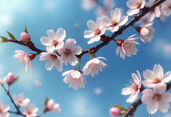 Cherry Blossom Branches with Flowers Against Blue Sky Background and Copy Space