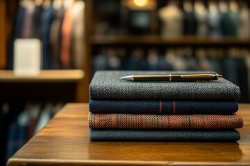 Education and Learning: Luxury fabrics showcased in a stylish clothing store with a sleek pen resting on neatly stacked textiles, Perfect for Study and Academic Themes
