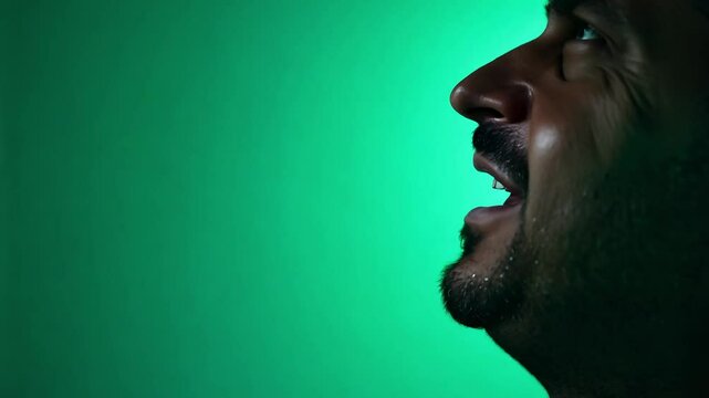 Close-up of man with adams apple expressing nervousness escalating to panic, static video, cool green lighting