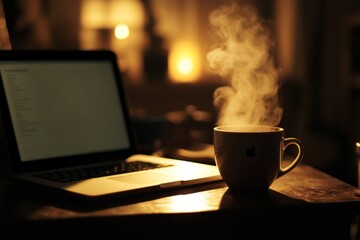 Study and Productivity: Warm coffee cup sits beside a laptop in a cozy dimly lit room during the evening, Conveying Focus and Learning, Great for Academic and Business Use