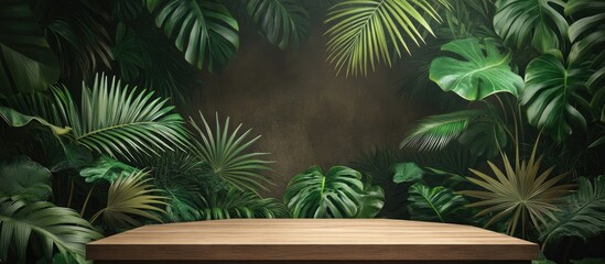 Elegant wooden podium against lush tropical palm leaves in green shades, creating a serene event backdrop with natural textures and depth.