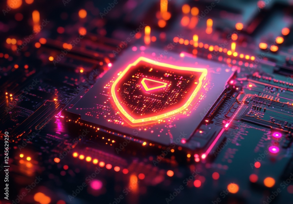 Poster futuristic microchip design with shield symbol representing cybersecurity and digital protection in 