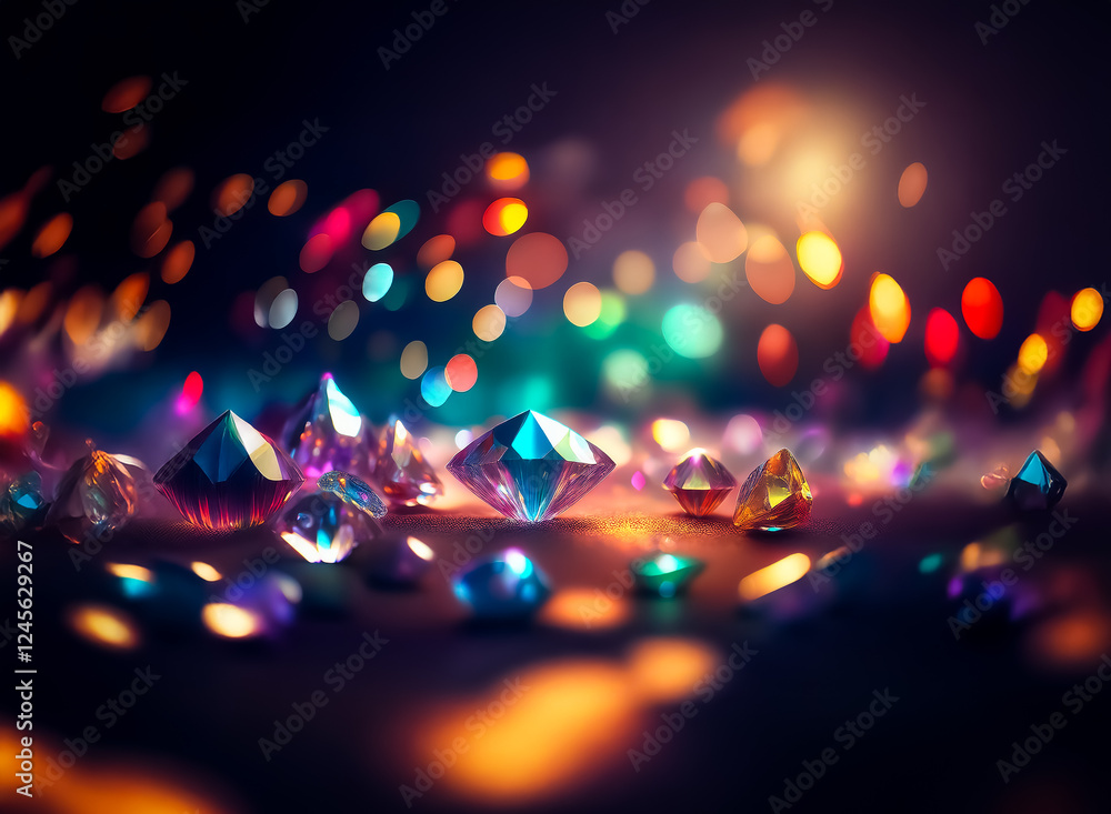Aufkleber assortment of dazzling gems scattered on a dark surface, bathed in vibrant bokeh lights, creating a 