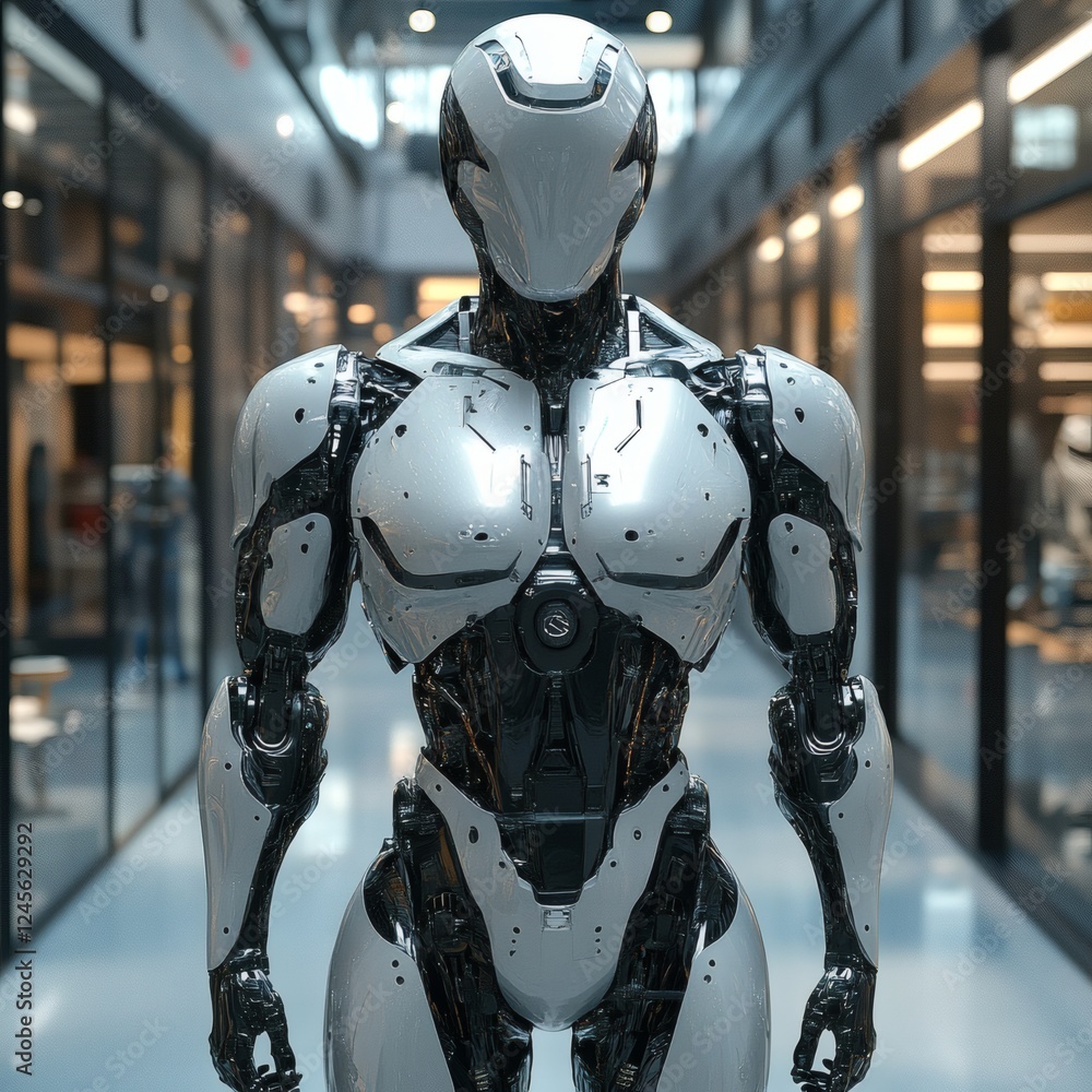 Aufkleber liquid metal robot stands in a futuristic hall slowly morphing into various humanlike forms from sim