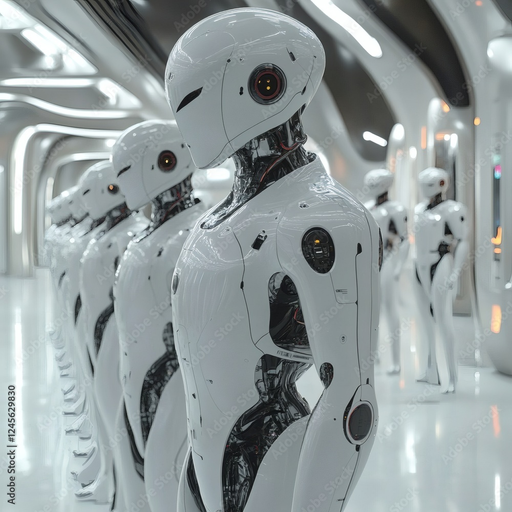 Aufkleber liquid metal robot stands in a futuristic hall slowly morphing into various humanlike forms from sim