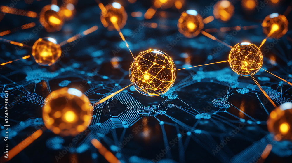 Aufkleber glowing orbs connected by lines create a futuristic network, representing technology and connectivit