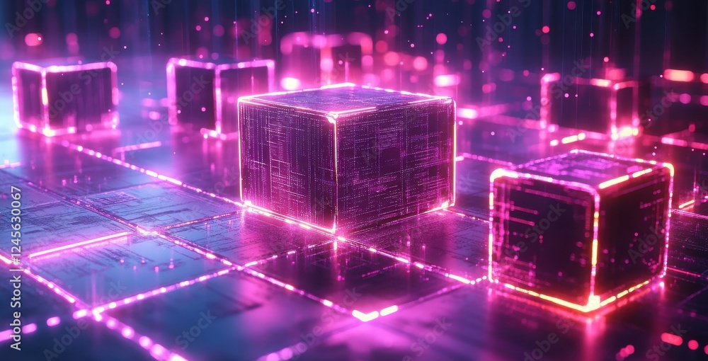 Poster futuristic neon glowing cubes on a digital grid with abstract light effects and vibrant colors for t