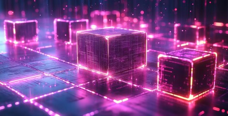 Futuristic Neon Glowing Cubes on a Digital Grid with Abstract Light Effects and Vibrant Colors for Technology and Innovation Concepts