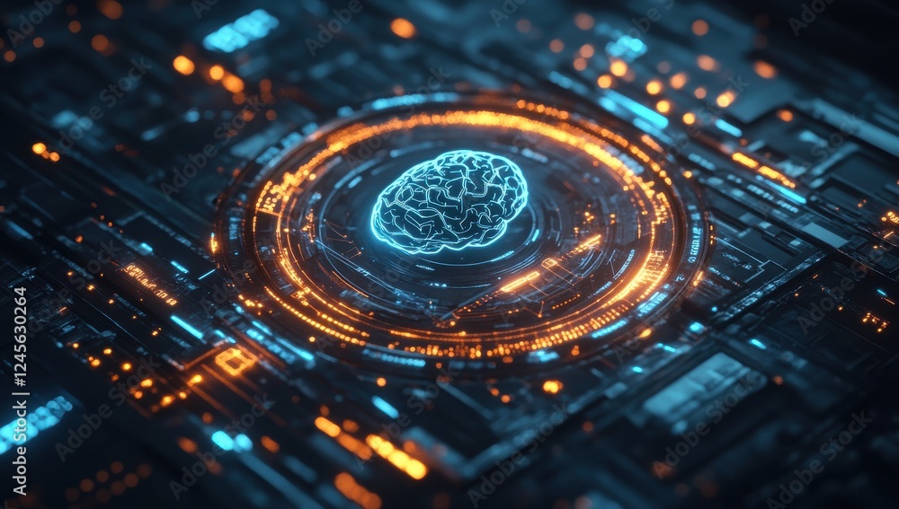 Aufkleber futuristic neural network visualization with glowing brain and circuit patterns in a digital environ