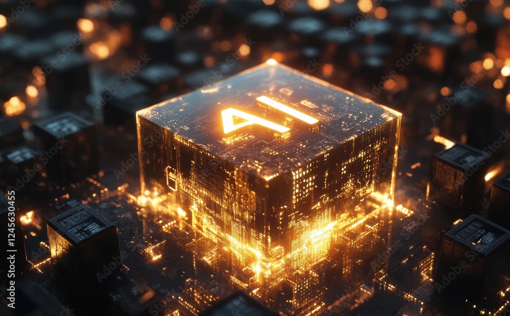 Poster futuristic representation of artificial intelligence concept with glowing ai cube surrounded by circ