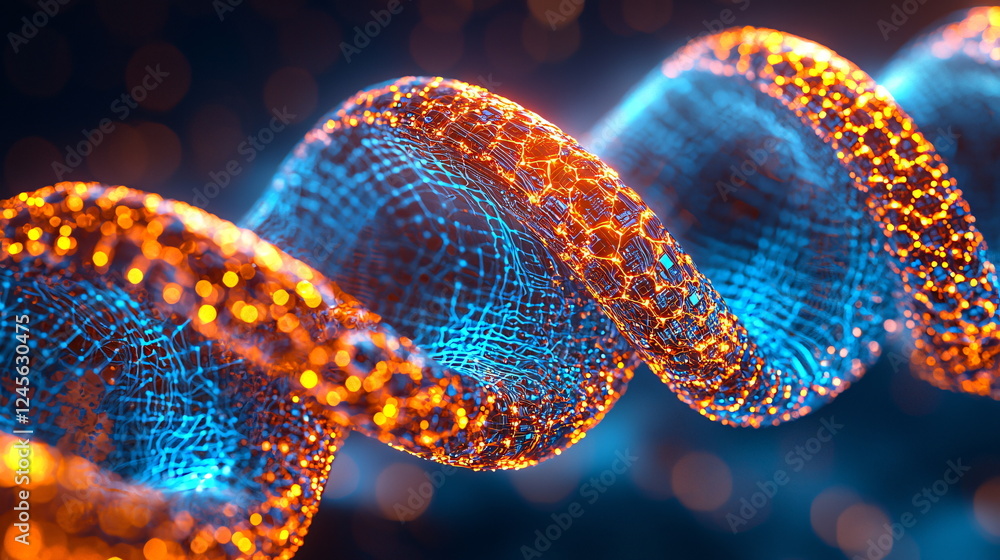 Poster glowing strands of intertwined blue and orange particles creating a striking visual of technology an