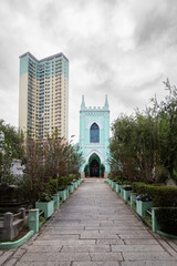 entrance of catholic temple in Macao during cloudy day