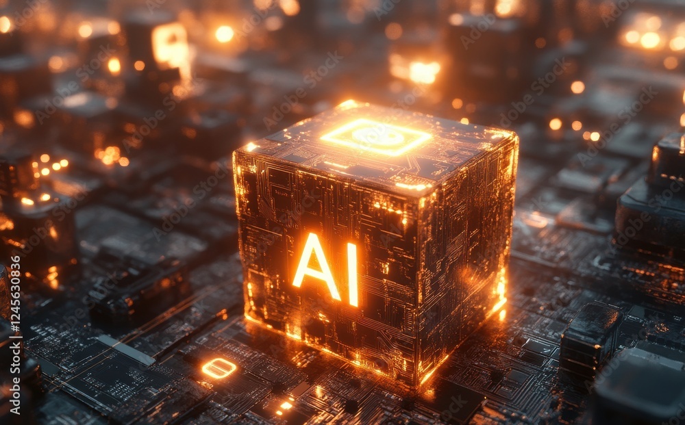 Poster futuristic representation of artificial intelligence in a digital environment with glowing elements 