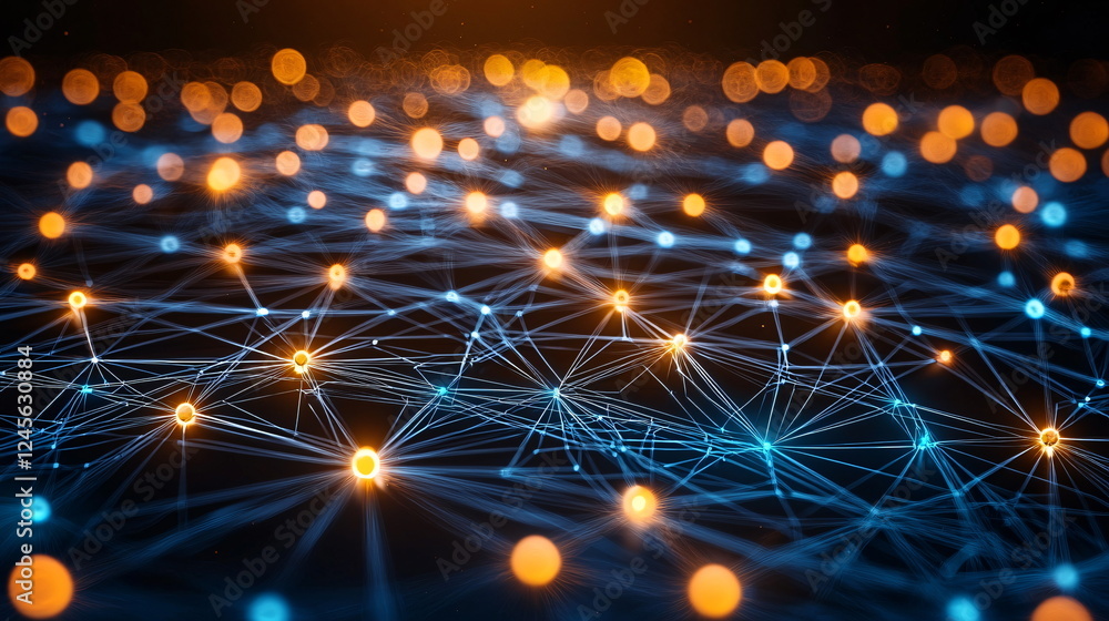 Aufkleber illuminated blue and orange connections intertwining in a dark space, resembling a digital network o