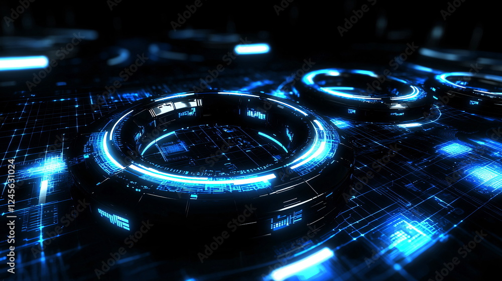 Aufkleber digital technology background featuring glowing blue circles on a dark surface illuminated by faint 