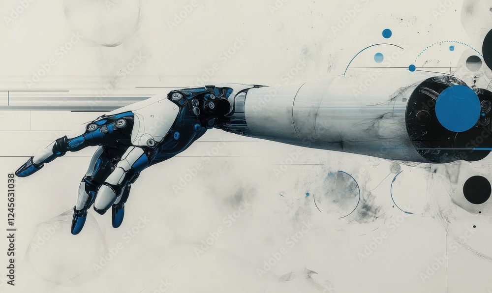 Poster futuristic robotic arm reaching out in a minimalist style with abstract shapes and soft background e