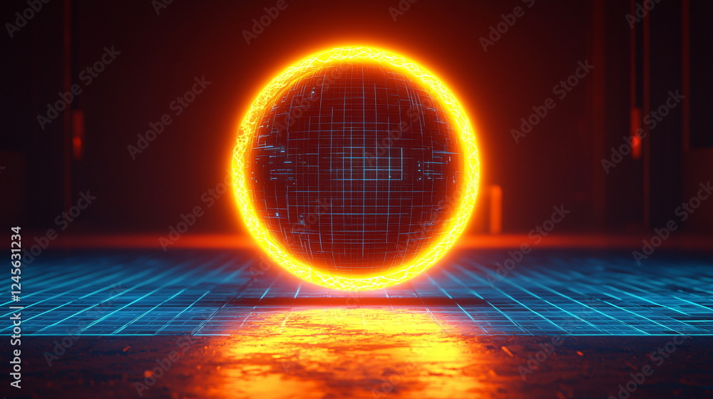Poster glowing orange sphere with a digital grid pattern in a dark environment, illuminating the floor bene