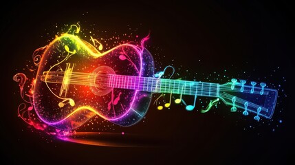 Rainbow Acoustic Guitar with Musical Notes and Glowing Trails: A Vibrant Symphony of Color and Sound
