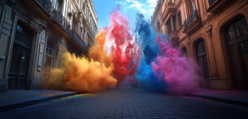 Colorful Holi powder creating a dramatic effect above an empty street in the morning light a?" q2,