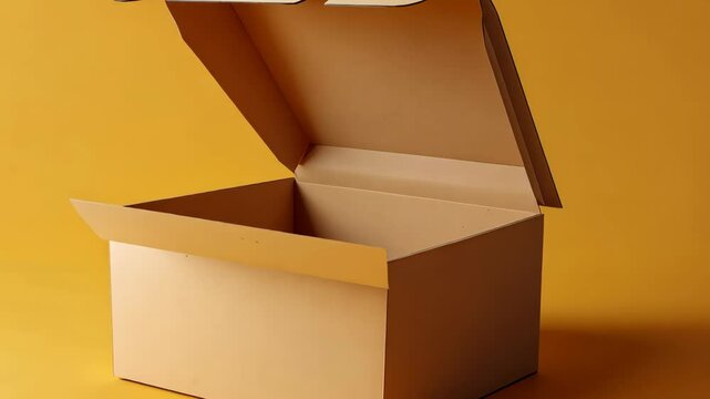 Cardboard box opening sequence on bright yellow background