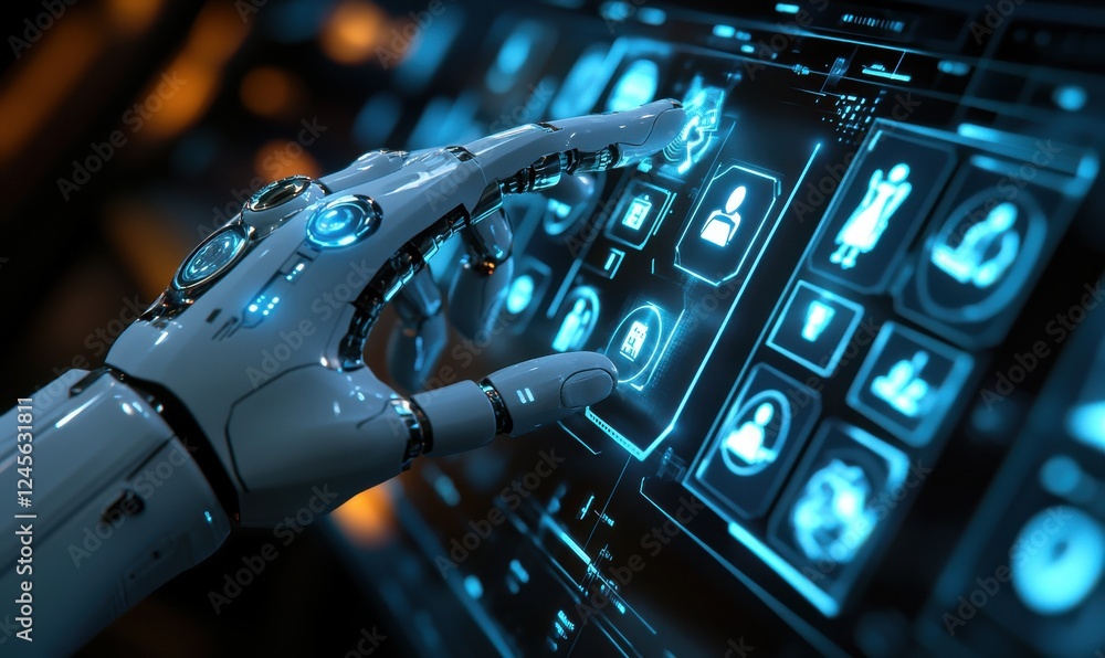 Poster futuristic robotic hand interacting with advanced holographic interface in a technologically advance