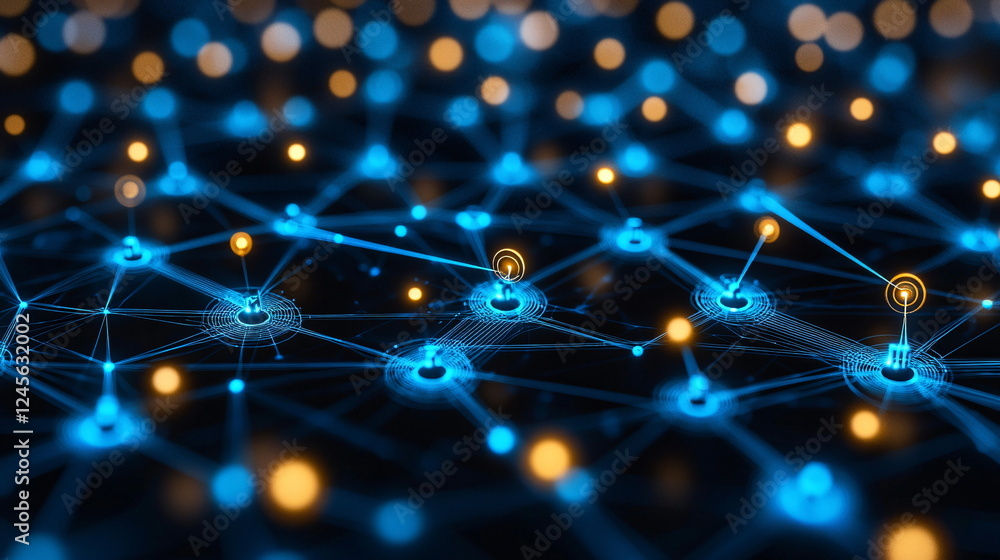 Poster connected nodes glowing in a digital network with vibrant blue and yellow lights on a dark backgroun