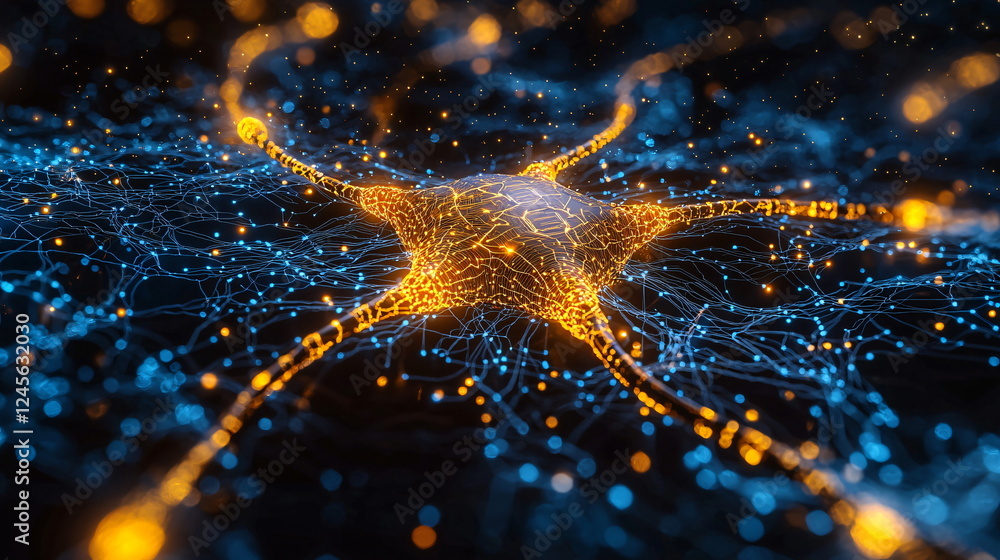 Poster intricate digital rendering of a glowing neuron surrounded by vibrant blue and orange light particle