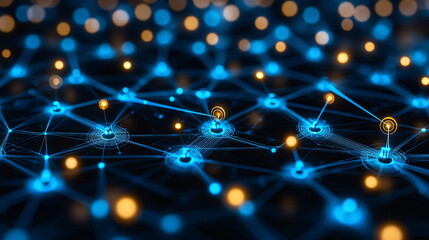 Connected nodes glowing in a digital network with vibrant blue and yellow lights on a dark background, illustrating a concept of technology and communication.