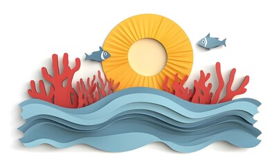 Obraz premium Paper art ocean sunset scene with coral and fish, ideal for children's book illustration