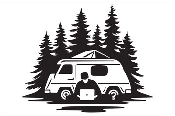 Obraz premium Scenic Mountain Landscape with Camping Silhouettes Vector Art