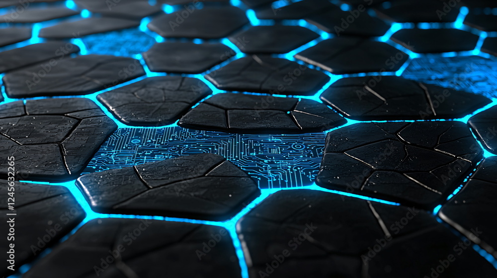 Aufkleber hexagonal black tiles with glowing blue accents interspersed with intricate circuit patterns creatin