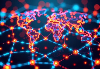 The image depicts a network visualization, showcasing a complex interconnected system Numerous glowing nodes, resembling stars or data points are linked together by a dense web of lines.