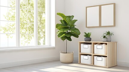 A minimalist room with organized storage boxes labeled for sorting items.