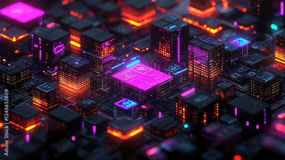 Poster neon circuit board with vibrant cityscape design, featuring glowing nodes and interconnected lines, 